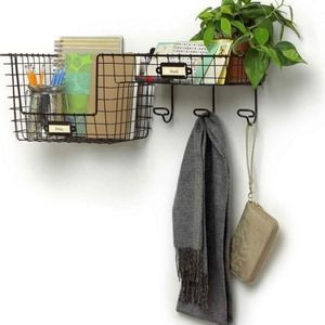 Large bronze basket station wall storage rack with hooks - oil rubbed bronze